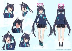 Rule 34 | 1girl, animal ears, armband, black footwear, black hair, black skirt, blazer, blue archive, blue armband, blue jacket, blue necktie, blush, cat ears, cat girl, character sheet, closed mouth, commentary request, company name, hair between eyes, halo, hand on own hip, jacket, long hair, long sleeves, looking at viewer, multicolored footwear, multiple views, necktie, official art, open mouth, pink halo, plaid, plaid skirt, pleated skirt, red eyes, serika (blue archive), shirt, simple background, skirt, solo, standing, twintails, very long hair, white background, white shirt