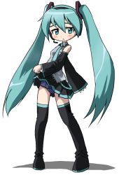 Rule 34 | 1girl, :&lt;, blush, boots, clothes lift, detached sleeves, green eyes, green hair, hanmyou 7, hatsune miku, headset, long hair, matching hair/eyes, necktie, school swimsuit, simple background, skirt, skirt lift, solo, swimsuit, swimsuit under clothes, thigh boots, thighhighs, twintails, very long hair, vocaloid, white background