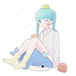 Rule 34 | 1girl, ayu (mog), blue eyes, blue hair, blush, closed mouth, collared shirt, full body, hair tie, long sleeves, looking at viewer, octopus, one eye closed, original, pajamas, shark, shirt, signature, simple background, sitting, socks, solo, star (symbol), starfish, stuffed animal, stuffed toy, swept bangs, turtle, twintails, white background, white shirt, yellow socks