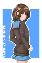 Rule 34 | 1girl, armband, blue sailor collar, blue skirt, bob cut, brown cardigan, brown eyes, brown hair, cardigan, character name, closed mouth, commentary request, from behind, hair ribbon, hairband, highres, kita high school uniform, long sleeves, looking at viewer, looking back, ribbon, saigo no ritou, sailor collar, school uniform, serafuku, short hair, simple background, skirt, solo, standing, suzumiya haruhi, suzumiya haruhi no shoushitsu, suzumiya haruhi no yuuutsu, white background, yellow hairband, yellow ribbon