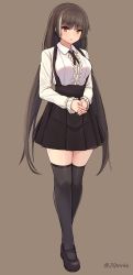 Rule 34 | 1girl, black footwear, black hair, black thighhighs, blunt bangs, blush, breasts, center frills, collared shirt, commentary request, frilled shirt, frilled sleeves, frills, full body, girls&#039; frontline, grey background, grey hair, heterochromia, high-waist skirt, highres, long hair, long sleeves, looking at viewer, low twintails, manme, mary janes, medium breasts, meme attire, multicolored hair, orange eyes, own hands together, parted lips, pleated skirt, ro635 (girls&#039; frontline), shirt, shoes, simple background, skirt, solo, standing, streaked hair, suspender skirt, suspenders, thighhighs, twintails, twitter username, very long hair, white shirt, wing collar, yellow eyes, zettai ryouiki