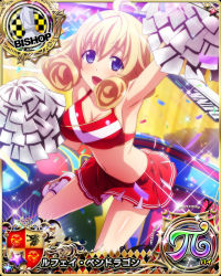 Rule 34 | 1girl, armpits, bishop (chess), blonde hair, blue eyes, breasts, card (medium), character name, cheerleader, chess piece, cleavage, female focus, high school dxd, le fay pendragon, medium breasts, navel, official art, pom pom (cheerleading), red skirt, skirt, solo, trading card