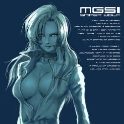 Rule 34 | 1girl, 5-dimensional skaters, bad id, bad pixiv id, blonde hair, breasts, center opening, choker, cleavage, collar, english text, engrish text, jacket, large breasts, metal gear (series), metal gear solid, open clothes, open jacket, ranguage, simple background, sniper wolf, solo, text focus