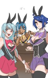 Rule 34 | blue hair, blush, breasts, dark-skinned female, dark skin, elisabeth blanctorche, green eyes, highres, isla (kof), kula diamond, large breasts, leotard, light blue hair, long hair, looking at viewer, medium breasts, multicolored hair, multiple girls, open mouth, playboy bunny, red eyes, secondary 0000, simple background, smile, snk, the king of fighters, white background