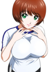 Rule 34 | 1girl, breasts, breasts squeezed together, brown hair, green eyes, gym uniform, large breasts, lipstick, makeup, shirt, shopyun, short hair, simple background, smile, solo, t-shirt, taut clothes, taut shirt, tokimeki memorial, tokimeki memorial 4, yanagi fumiko
