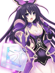 Rule 34 | 10s, 1girl, armor, armored dress, bad id, bad pixiv id, bow, breasts, cleavage, date a live, kagura ittou, long hair, looking at viewer, medium breasts, open mouth, purple eyes, purple hair, solo, sword, weapon, white background, yatogami tooka
