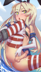Rule 34 | + +, 10s, 1boy, :&lt;, absurdres, androgynous, blonde hair, blush, censored, cloud, crossdressing, day, elbow gloves, erection, eyebrows, gloves, hair ornament, highres, kantai collection, long hair, looking at viewer, male focus, mosaic censoring, navel, nipples, open mouth, penis, senkou tobaku, shimakaze-kun, shimakaze (kancolle), shimakaze (kantai collection), shiny clothes, shiny skin, skirt, sky, solo, squatting, striped clothes, striped thighhighs, testicles, thighhighs, trap, water, white gloves