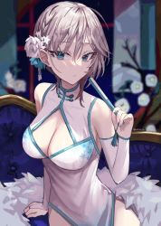 Rule 34 | 1girl, anastasia (idolmaster), bare shoulders, blue eyes, blurry, blurry background, blush, breasts, bridal gauntlets, brown hair, china dress, chinese clothes, cleavage, cleavage cutout, closed mouth, clothing cutout, couch, depth of field, detached sleeves, dress, flower, folded fan, folding fan, fur shawl, hair ornament, hairclip, hand fan, holding, holding fan, idolmaster, idolmaster cinderella girls, indoors, large breasts, long sleeves, looking at viewer, on couch, pelvic curtain, rum raisin (chihiromakita19), shawl, short hair, signature, sitting, smile, solo, tassel, tsurime, twitter username, white dress, white flower