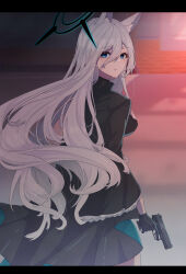 Rule 34 | 1girl, absurdres, animal ear fluff, animal ears, black gloves, black halo, blue archive, gloves, grey hair, gun, h&amp;k usp, hair between eyes, halo, handgun, highres, holding, holding gun, holding weapon, long hair, looking at viewer, looking back, parted lips, shiroko (blue archive), shiroko terror (blue archive), solo, tsume3mai, very long hair, weapon, wolf ears