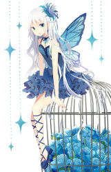 Rule 34 | 1girl, blue dress, blue eyes, butterfly wings, cage, dress, flower, hair ornament, insect wings, long hair, looking at viewer, natsume3304, original, rose, shoes, sitting, solo, white hair, wings