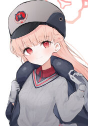 Rule 34 | 1girl, absurdres, blue archive, blush, braid, breasts, coat, fur hat, gloves, grey gloves, grey sweater, halo, hat, highres, light smile, logo, looking at viewer, nodoka (blue archive), noko (nco029685627), open clothes, open coat, pink hair, red eyes, simple background, small breasts, solo, sweater, upper body, ushanka, white background
