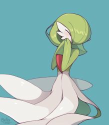 Rule 34 | 1girl, ^ ^, artist name, bellavoirr, blue background, blush, bob cut, closed eyes, closed mouth, colored skin, creatures (company), dated, female focus, full body, game freak, gardevoir, gen 3 pokemon, green hair, green skin, hair over one eye, hands up, happy, heart, highres, multicolored skin, nintendo, own hands together, pokemon, pokemon (creature), shiny skin, short hair, signature, simple background, sitting, smile, solo, two-tone skin, white skin