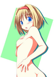 Rule 34 | 1girl, alice margatroid, ass, blonde hair, blue eyes, blush, breasts, female focus, hairband, looking back, nirap, nude, short hair, small breasts, solo, touhou