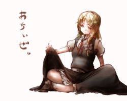 Rule 34 | 1girl, ark ardjet zoe, bad id, bad pixiv id, barefoot, blonde hair, braid, breasts, clothes lift, dress, dress lift, female focus, flat chest, full body, hair ribbon, indian style, kirisame marisa, long hair, no headwear, ribbon, simple background, sitting, small breasts, solo, touhou, white background, yellow eyes