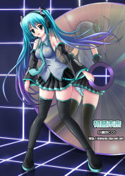Rule 34 | bad id, bad pixiv id, cd, detached sleeves, gradient hair, green eyes, hatsune miku, headset, legs, long hair, multicolored hair, necktie, obiwan, panties, reflection, skirt, solo, striped clothes, striped panties, thighhighs, twintails, underwear, vocaloid, zettai ryouiki