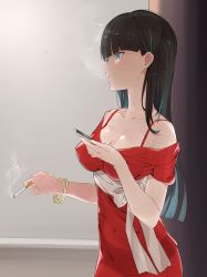 Rule 34 | 1girl, absurdres, bad id, bad twitter id, bangle, black hair, blue eyes, bracelet, breasts, cellphone, cigarette, dress, highres, jewelry, mitsudoue, multicolored hair, phone, red dress, smartphone, smoke, smoking, two-tone hair