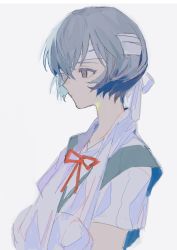 Rule 34 | 1girl, arm sling, ayanami rei, bandage over one eye, bandaged head, bandages, blue dress, blue hair, closed mouth, commentary request, dress, expressionless, grey background, highres, neck ribbon, neon genesis evangelion, nima (nimamann), pinafore dress, profile, purple eyes, red ribbon, ribbon, school uniform, shirt, short hair, short sleeves, simple background, sleeveless dress, solo, upper body, white shirt