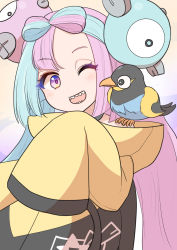 Rule 34 | 1girl, ;d, absurdres, bird, bow-shaped hair, character hair ornament, creatures (company), game freak, hair ornament, happy, hexagon print, highres, iono (pokemon), jacket, long hair, low-tied long hair, multicolored hair, nintendo, on shoulder, one eye closed, open mouth, oversized clothes, palan, pokemon, pokemon (creature), pokemon on shoulder, pokemon sv, sharp teeth, sleeves past fingers, sleeves past wrists, smile, split-color hair, teeth, very long sleeves, wattrel, x, yellow jacket
