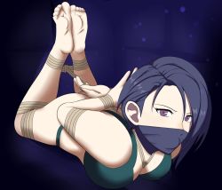 Rule 34 | 1girl, arms behind back, ass, ball gag, bare shoulders, bdsm, blue background, blue hair, blush, bondage, bound, bra, breasts, brown rope, cleavage, cloth gag, dankestofdans, eyeliner, feet, female focus, fire emblem, fire emblem: three houses, gag, gagged, green bra, green panties, huge ass, improvised gag, intelligent systems, large breasts, layered gags, lying, on stomach, makeup, nintendo, panties, purple eyes, rope, shamir nevrand, shiny clothes, shiny skin, short hair, solo, thick thighs, thighs, thong, underwear, variant set