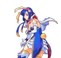 Rule 34 | 1girl, animal ears, blue eyes, blue hair, blue thighhighs, blush, breasts, catria (spring) (fire emblem), cleavage, commentary, cowboy shot, detached collar, elbow gloves, english commentary, fake animal ears, fake tail, fire emblem, fire emblem: mystery of the emblem, fire emblem heroes, glaceo, gloves, hair ornament, headband, leotard, medium breasts, nintendo, official alternate costume, one eye closed, pixel art, playboy bunny, rabbit ears, rabbit tail, short hair, solo, tail, thighhighs, transparent background, white gloves, white headband, zettai ryouiki