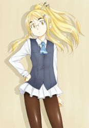 Rule 34 | 00s, 1girl, alternate hairstyle, ascot, blonde hair, glasses, hair ornament, hairclip, hamao, hand on own hip, pantyhose, perrine h. clostermann, ponytail, skirt, solo, strike witches, vest, world witches series, yellow eyes