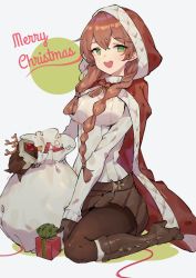 Rule 34 | 1girl, 523 (user efcm2455), absurdres, bad id, bad pixiv id, bag, boots, braid, breasts, brown hair, christmas, dinergate (girls&#039; frontline), girls&#039; frontline, gloves, green eyes, highres, hood, large breasts, long hair, long sleeves, looking at viewer, official alternate costume, open mouth, ribbed sweater, skirt, solo, springfield (girls&#039; frontline), springfield (o holy night) (girls&#039; frontline), sweater, thighhighs, very long hair