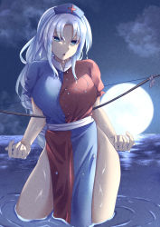 Rule 34 | 1girl, adapted costume, backlighting, blue dress, blue eyes, blue pupils, bow (weapon), braid, breasts, caustics, chestnut mouth, cloud, colored eyelashes, constellation print, contrapposto, cowboy shot, dress, forehead, full moon, hair intakes, half-closed eyes, head tilt, high collar, highres, holding, holding behind back, huge breasts, in water, long hair, looking at viewer, mirufui, moon, moonlight, multicolored clothes, multicolored dress, night, night sky, open mouth, outdoors, parted bangs, pelvic curtain, puffy short sleeves, puffy sleeves, red dress, reflection, refraction, sash, short sleeves, sidelocks, sideways glance, single braid, sky, solo, standing, thighs, touhou, very long hair, wading, weapon, wet, wet hair, yagokoro eirin
