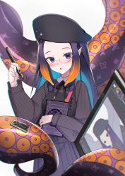 1girl, :o, absurdres, black dress, black headwear, black ribbon, black shirt, blue hair, book, brown hair, collared shirt, commentary, drawing tablet, dress, gradient hair, hat, highres, holding, holding book, holding stylus, hololive, hololive english, huge filesize, janyhero, looking at viewer, multicolored hair, neck ribbon, ninomae ina&#039;nis, parted lips, pleated dress, purple hair, ribbon, shirt, simple background, sleeveless, sleeveless dress, solo, striped, striped shirt, stylus, tentacle, upper body, vertical-striped shirt, vertical stripes, virtual youtuber, white background