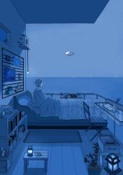 Rule 34 | 1boy, absurdres, air conditioner, aircraft, balcony, blanket, blue theme, book, bookshelf, case, chair, coffee mug, commentary request, cup, desk, dirigible, hanging light, highres, lamp, lantern, limited palette, mug, night, night sky, on bed, open book, original, pencil, picture frame, plant, potted plant, radio, railing, rug, sakatsuki sakana, short hair, sky, solo, table, under covers, window