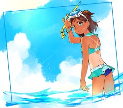 Rule 34 | 1girl, aoba misaki, back, bikini, bikini skirt, blue eyes, blue sky, blue theme, brown eyes, brown hair, commentary, day, from behind, goggles, goggles on head, half updo, idolmaster, idolmaster million live!, looking back, miridereningen, ocean, sailor collar, short twintails, sky, snorkel, solo, standing, summer, swimsuit, tan, tanline, twintails, wading, water, water drop, wet