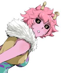 Rule 34 | 10s, 1girl, absurdres, ashido mina, black sclera, boku no hero academia, breasts, colored sclera, colored skin, dutch angle, enami katsumi, from side, fur trim, highres, horns, looking to the side, parted lips, pink hair, purple skin, short hair, small breasts, solo, upper body, vest, white background, yellow eyes