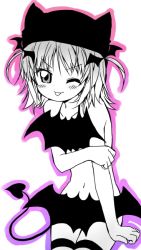 Rule 34 | 1girl, ;p, amulet devil, bat hair ornament, blush, censored, demon tail, female focus, hair ornament, hat, hinamori amu, kemushi, looking at viewer, monochrome, navel, nude, one eye closed, short hair, shugo chara!, simple background, solo, spot color, standing, stomach, tail, thigh strap, thighhighs, tongue, tongue out, white background, wink