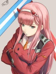 Rule 34 | 10s, 1girl, aqua eyes, blunt bangs, breasts, candy, commentary, crossed arms, darling in the franxx, eyeshadow, food, hair over breasts, hairband, horns, kichannico, lollipop, long hair, long sleeves, makeup, military, military uniform, parted lips, pink hair, red eyeshadow, sidelocks, signature, solo, straight hair, striped, uniform, upper body, white hairband, zero two (darling in the franxx)
