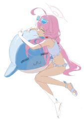 Rule 34 | 1girl, absurdres, ahoge, bikini, blue archive, blue eyes, eyewear on head, frilled bikini, frills, full body, hair between eyes, hair bobbles, hair ornament, halo, highres, hoshino (blue archive), hoshino (swimsuit) (blue archive), inflatable toy, inflatable whale, long hair, looking at viewer, low twintails, parted lips, pink hair, sandals, simple background, solo, sunglasses, sweatdrop, swimsuit, twintails, white background, white bikini, white footwear, yuyin (uzrv7533)