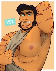Rule 34 | 1boy, abs, arm behind head, arm up, armpit focus, armpit hair, armpits, bara, bare pectorals, blue eyes, clothes pull, come hither, cross scar, dark-skinned male, dark skin, grunt (onlytusks), highres, huge eyebrows, large pectorals, looking at viewer, male focus, mature male, monster boy, muscular, muscular male, mutton chops, nipples, onlytusks, orc, original, pectorals, pointy ears, presenting armpit, pulled by self, scar, scar on chin, scar on face, seductive smile, shirt, shirt pull, short hair, sidepec, sleeveless, sleeveless shirt, smell, smile, solo, too many, too many scars, tusks, unusually open eyes, upper body
