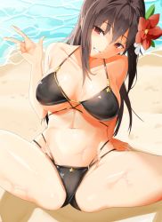 Rule 34 | 1girl, arm support, bad id, bad pixiv id, beach, bikini, breasts, brown eyes, brown hair, collarbone, covered erect nipples, fenrir (fenrir042), flower, from above, hair flower, hair ornament, iris yuma, large breasts, looking to the side, multi-strapped bikini, navel, sitting, smile, solo, soulworker, spread legs, swimsuit, v, water