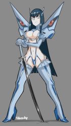 Rule 34 | absurdres, angry, black hair, blue eyes, boots, breasts, elbow gloves, frown, full body, gloves, highres, hime cut, junketsu, kill la kill, kiryuuin satsuki, large breasts, long hair, looking down, patosky, simple background, stomach, sword, thick eyebrows, thick thighs, thigh boots, thighhighs, thighs, weapon