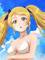 Rule 34 | 1girl, absurdres, ayase eli, bare shoulders, bikini, birthday, blonde hair, blue eyes, highres, looking at viewer, love live!, love live! school idol project, open mouth, outdoors, solo, swimsuit, twintails, user sjah7745