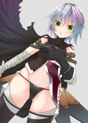 Rule 34 | 1girl, arm belt, bandages, bandaged arm, bandages, belt buckle, black panties, buckle, dagger, dual wielding, facial scar, fate/apocrypha, fate/grand order, fate (series), gloves, grey background, holding, holding knife, jack the ripper (fate/apocrypha), knife, lowleg, lowleg panties, open mouth, panties, reverse grip, scar, scar across eye, scar on cheek, scar on face, shoulder tattoo, silver hair, simple background, single glove, solo, tattoo, tetranono, underwear, weapon