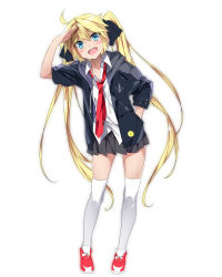 Rule 34 | 1girl, ahoge, arm up, black ribbon, blonde hair, blue eyes, blush, full body, grey skirt, hair ribbon, hand in pocket, highres, long hair, looking at viewer, mtu (orewamuzituda), necktie, open mouth, original, pin, pleated skirt, red necktie, ribbon, safety pin, shirt, shoes, simple background, skirt, sneakers, solo, sweater, thighhighs, twintails, very long hair, white background, white shirt, white thighhighs