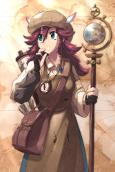 Rule 34 | 10s, 1girl, apron, bag, beret, blue eyes, braid, brown hair, chain chronicle, collared shirt, compass, cowboy shot, globe, gloves, hat, highres, jewelry, john su, long hair, looking to the side, map, necklace, scroll, shirt, side braid, solo, staff