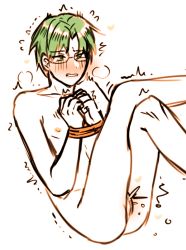 Rule 34 | 1boy, bdsm, bondage, bound, bound wrists, clenched teeth, crossed legs, cuntboy only, ensemble stars!, glasses, green hair, hasumi keito, hatomura miri, have to pee, heart, nipples, nude, parted hair, reverse newhalf, short hair, sketch, solo, teeth