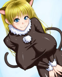 Rule 34 | 1girl, 286c, animal ears, blonde hair, blue eyes, bodysuit, breasts, cat ears, cat girl, cat tail, covering privates, covering crotch, covered erect nipples, female focus, highres, huge breasts, long hair, looking at viewer, original, shirt, skin tight, smile, solo, tail, taut clothes, taut shirt, tight clothes
