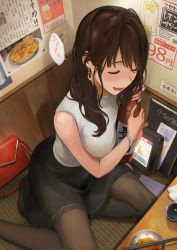 Rule 34 | 1girl, absurdres, alcohol, between breasts, black pantyhose, black skirt, blush, bottle, bowl, bracelet, breasts, brown hair, chopsticks, drooling, earrings, english text, closed eyes, floral print, food, highres, hoop earrings, icchiramen, indoors, jewelry, medium breasts, medium hair, menu, miniskirt, hugging object, open mouth, original, pantyhose, photo (object), restaurant, ribbed shirt, sake bottle, saliva, shirt, sitting, skirt, sleeping, sleeveless, sleeveless shirt, solo, speech bubble, table, tatami, wavy hair, wavy mouth, white shirt, zzz