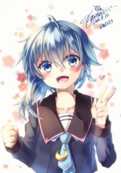Rule 34 | 10s, 1girl, :d, ahoge, asymmetrical hair, blouse, blue eyes, blue hair, blue necktie, blue shirt, blush, clenched hand, collarbone, crescent, crescent pin, dated, fang, heart, kantai collection, long sleeves, looking at viewer, matching hair/eyes, minazuki (kancolle), necktie, open mouth, school uniform, serafuku, shirt, short hair, signature, smile, solo, upper body, v, yuihira asu