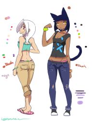 Rule 34 | 2boys, :o, animal ears, aoi (lightsource), artist name, bad id, bad pixiv id, blue hair, bracelet, capri pants, cat boy, cat ears, cat tail, chestnut mouth, choker, color guide, crossdressing, dark-skinned male, dark skin, denim, english text, flip-flops, from behind, highres, jeans, jewelry, lightsource, looking back, male focus, midriff, mole, mole under eye, multiple boys, murasaki (lightsource), navel, open mouth, original, pants, pink eyes, sandals, simple background, smile, standing, tail, torn clothes, torn jeans, torn pants, trap, white hair, yellow eyes