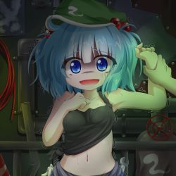 Rule 34 | 1girl, bare arms, blue eyes, blue hair, breasts, collarbone, commentary request, covered erect nipples, hair bobbles, hair ornament, hat, holding another&#039;s wrist, imminent rape, kawashiro nitori, looking at viewer, midriff, navel, oden (th-inaba), open mouth, pov, pov hands, small breasts, sweat, tank top, touhou, trembling, twintails, two side up, wrench