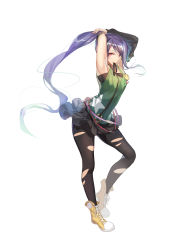 Rule 34 | 1girl, arms up, black pantyhose, black skirt, boots, closed mouth, detached sleeves, female focus, highres, kzhu, long hair, looking at viewer, mouth hold, original, pantyhose, ponytail, purple hair, red eyes, skirt, sleeveless, smile, solo, torn clothes, torn pantyhose, very long hair, white background