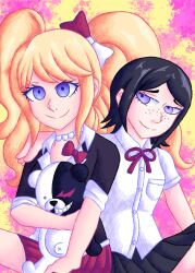 2girls arm_around_shoulder black_hair black_shirt black_skirt bow closed_mouth danganronpa:_trigger_happy_havoc danganronpa_(series) enoshima_junko eyelashes freckles hair_bow ikusaba_mukuro incest long_hair looking_at_another looking_at_viewer looking_to_the_side monokuma multiple_girls neck_ribbon pink_background pleated_skirt red_bow red_ribbon red_skirt ribbon shirt short_sleeves siblings sisters skirt smile twincest twins twintails white_shirt yellow_background yuri