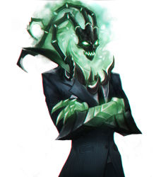 Rule 34 | 1boy, artist request, crossed arms, fire, formal, glowing, green eyes, league of legends, male focus, necktie, no humans, skull, solo, spikes, suit, thresh (league of legends)